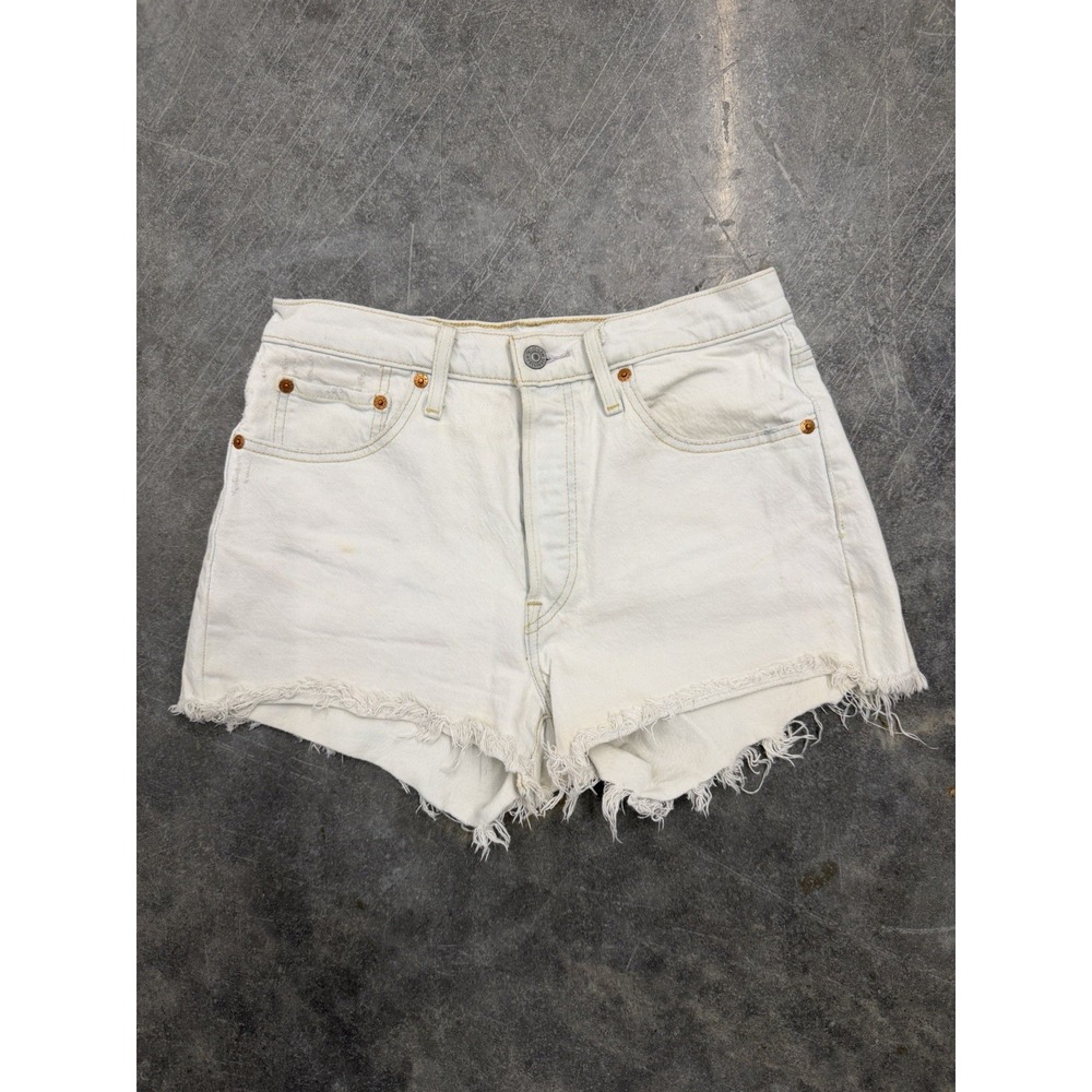 Levi's Premium 501 Shorts Womens 28 White Denim Button Fly Distressed Raw Hem